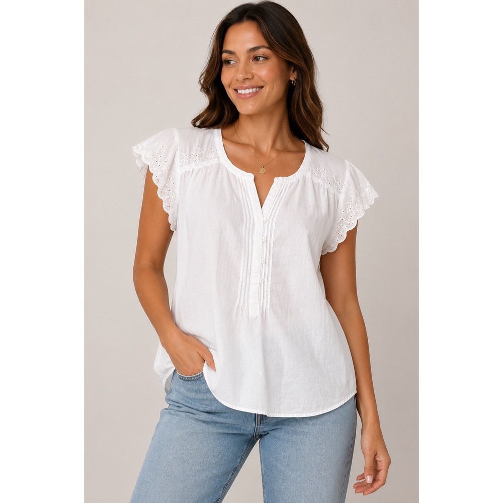Eddie Bauer White Cotton Eyelet Embroidered Pintuck Cap Sleeve Blouse XL